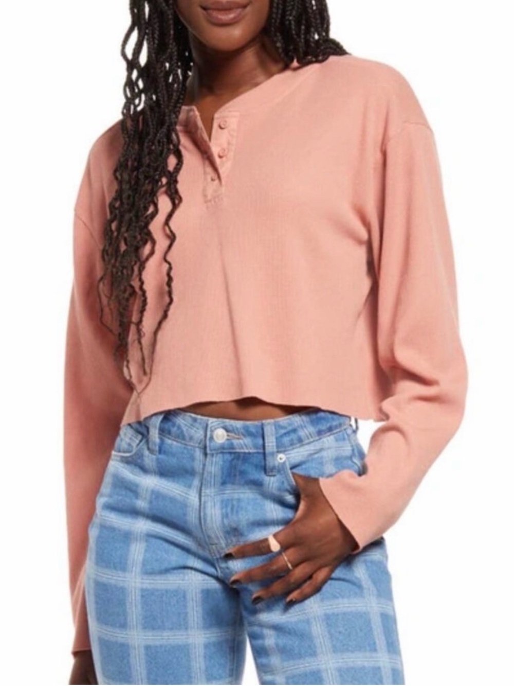 BP Cropped Henley Long-Sleeve Top - Dusty Pink